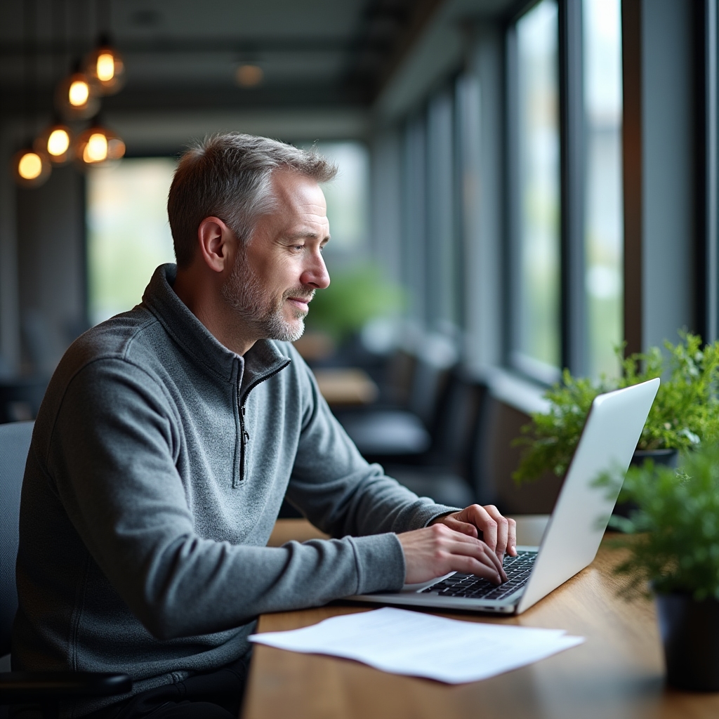 Landlord in Dublin working through Rent Pressure Zone compliance documents on laptop at modern workspace