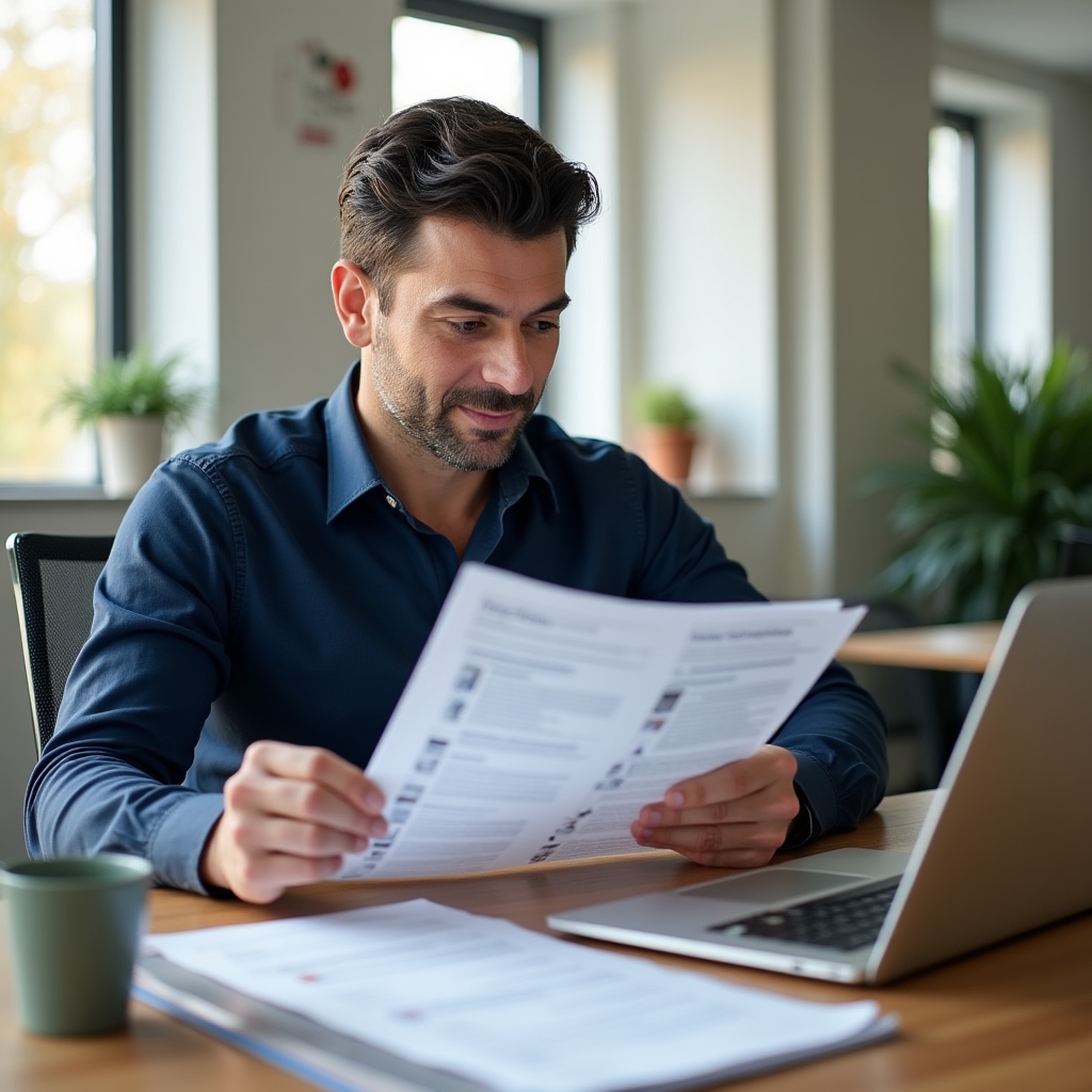Irish landlord reviewing property documentation at a modern desk