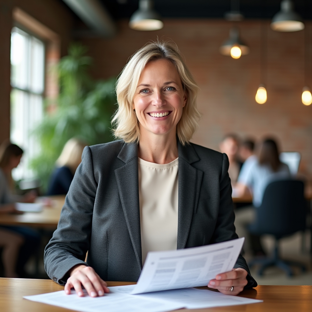 Confident landlord at desk reviewing organised property management documents with clear structure