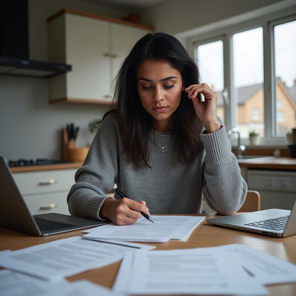 Landlord looking overwhelmed by rental paperwork and forms at kitchen table