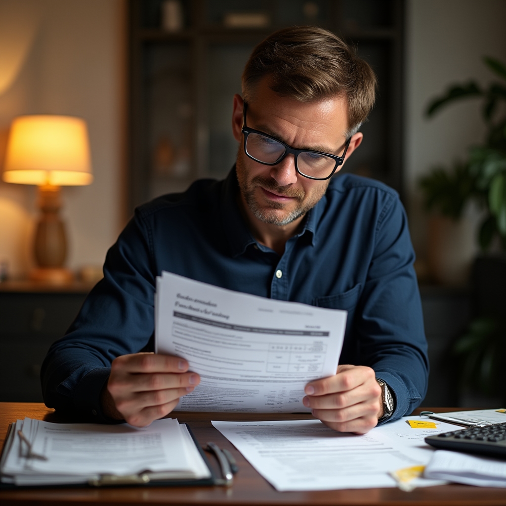 Landlord carefully reviewing rental income tax documents and mortgage interest deduction calculations at tidy desk