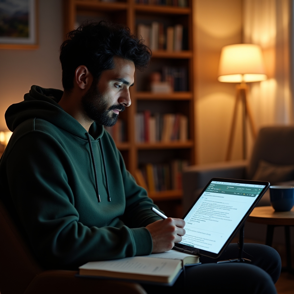 Person completing online landlord training module on tablet in comfortable home study setting
